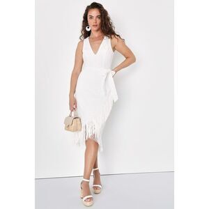 Lulus Always Ravishing White Cotton Eyelet Fringe Tulip Midi Dress - Size L